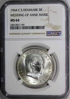 Denmark Silver 1964 C S 5 Kroner NGC MS64 Wedding of Princess 1 YEAR TYPE KM#854