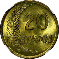 Peru Brass 1960 20 Centavos Thin planchet NGC MS66 TOP GRADED KM# 221.2b (032)