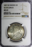 SWEDEN Silver Jubilee Oscar II 1897 EB 2 Kronor NGC MS63 NICE TONED KM# 762 (32)