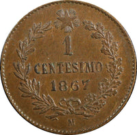 ITALY Vittorio Emanuele II Copper 1867 M Centesimo UNC KM# 1.1 (23 905)