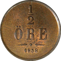 Sweden Oscar I Bronze 1858 1/2 Ore RED-BROWN UNC KM# 686 (21 888)