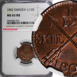 SWEDEN Gustaf IV Adolf 1802 1/12 Skilling NGC MS65 RB RED! TOP GRADED! KM#563(3)