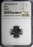 FINLAND Iron 1943 10 Pennia NGC MS64 WWII Issue 1 GRADED HIGHEST SCARCE KM# 34.1