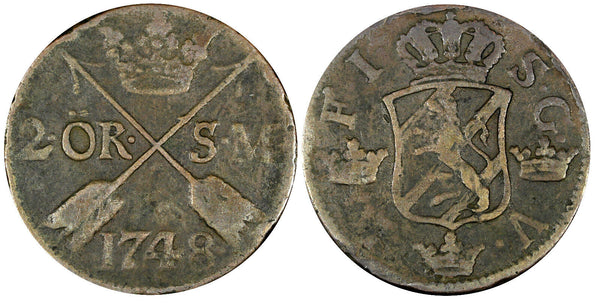 Sweden Frederick I 1748 2 Ore, S.M.Low Mintage-461,000 Better Details KM# 437(3)