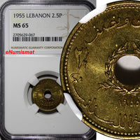 Lebanon Aluminium-Bronze 1955 2 1/2 Piastres NGC MS65 Monnaie de Paris KM# 20(7)