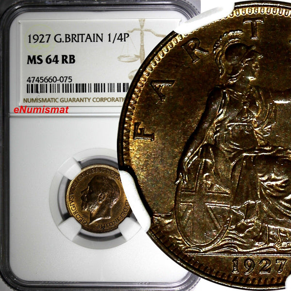 Great Britain George V (1910-1936) Bronze 1927 Farthing NGC MS64 RB KM# 825 (75)