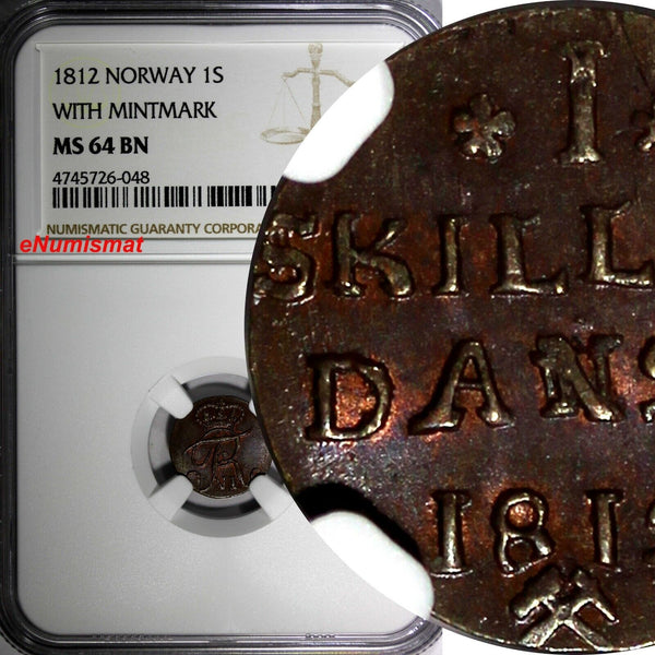 Norway Frederick VI Copper 1812 1 Skilling NGC MS64 BN with Mintmark KM# 281 (8)