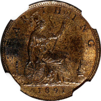 Great Britain Victoria Bronze 1891 Farthing NGC MS63 RB NICE TONING KM# 753 (25)