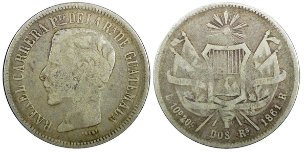 GUATEMALA Silver 1861 R 2 Reales Rafael Carrera Mintage-268,013 KM# 134 (23 205)