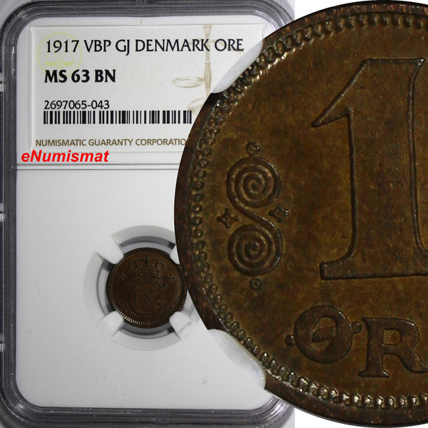 Denmark Christian X 1917 VBP GJ 1 Ore NGC MS63 BN WWI KEY DATE SCARCE KM812.1(3)