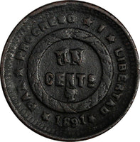 Honduras Bronze 1891 1 Centavo "UN" Struck Over "10" VF Condition KM# 61