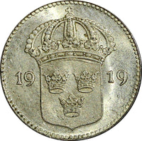 SWEDEN Gustaf V Silver 1919 W 10 Öre UNC TONED KM# 780 (21 908)