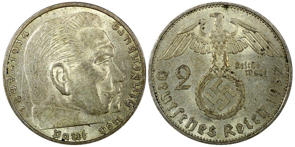 Germany - Third Reich Silver 1937 A 2 Reichs Mark Hindenburg KM# 93 (22 295)
