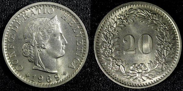 Switzerland Copper-Nickel 1969 B 20 Rappen UNC KM# 29a (23 585)