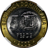 Dominican Republic Sánchez 2002 5 Pesos Magnetic NGC MS66 GEM BU KM# 89 (040)