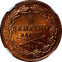 SWEDEN Oscar I Copper 1849 1/6 Skilling Mintage-536,544 NGC MS64 RB KM# 656 (09)