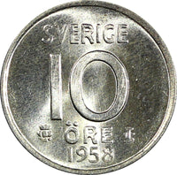 Sweden Gustaf VI SILVER 1958 10 Öre GEM BU COIN  KM# 823 (22 098)