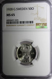 SWEDEN Gustaf V Silver 1928 G 50 Ore NGC MS65 GEM BU COIN KM# 788 (25)