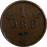 SWEDEN Oscar II Bronze 1877 1 Ore Large Letters KM# 745