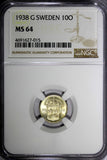 SWEDEN Gustaf V Silver 1938 G 10 Ore NGC MS64 GEM BU  KM# 780 (015)