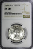 Italy Silver 1958 R 500 Lire NGC MS63+ Columbus' ships 29.3 mm KM# 98 (017)