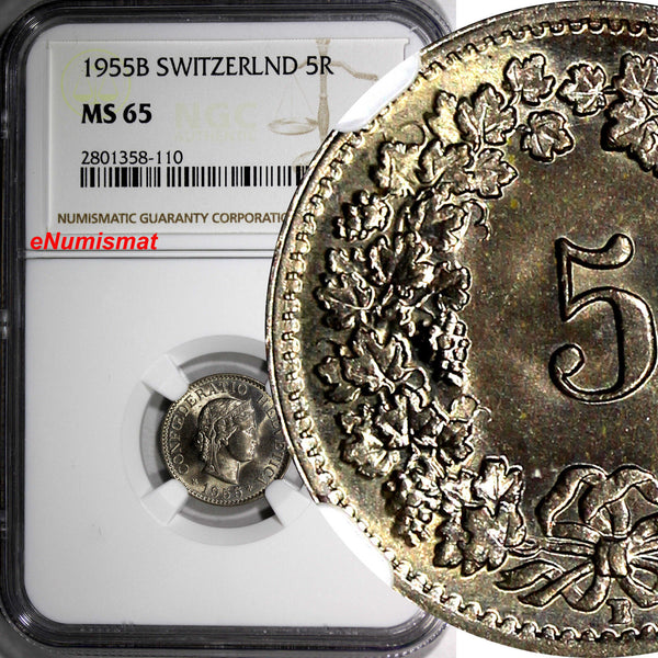 SWITZERLAND Copper-Nickel 1955 B 5 Rappen NGC MS65 HELVETICA KM# 26 (110)