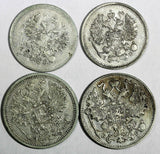 RUSSIA Nicholas II Silver LOT OF 4 COINS 1907-1912 10 Kopecks,15 Kopecks