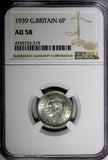 GREAT BRITAIN George VI Silver 1939 6 Pence NGC AU58  KM# 852 (179)