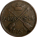 SWEDEN Adolf Frederick Copper 1764 S.M. 2 Ore SCARCE KM# 461 (15 113)