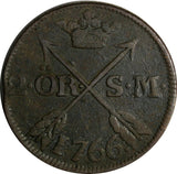 SWEDEN Adolf Frederick (1751-1771) Copper 1766 S.M.2 Ore 33.7 mm KM# 461(15 616)