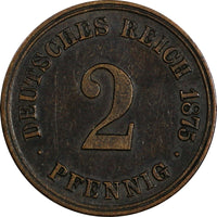 Germany - Empire Wilhelm I Copper 1875 J 2 Pfennig Hamburg Mint KM# 2 (20 014)