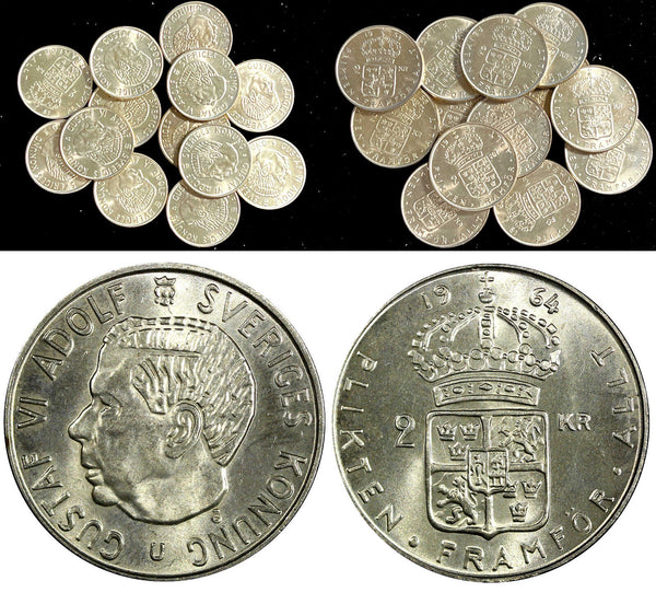 SWEDEN Gustaf VI Silver 1952-1966 TS 2 Kronor UNC/BU KM# 827 RANDOM PICK (1 C.)
