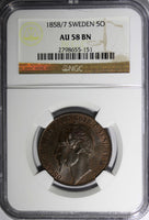 SWEDEN Oscar I Bronze 1858/7  5 Ore  Overdate NGC AU58 BN  KM# 690  (151)