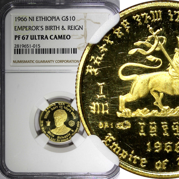 Ethiopia Proof Gold 1966 NI 10 Dollars Mint-28,000 NGC PF67 ULTRA CAMEO KM#38(5)