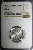 SWEDEN Gustaf V Silver 1928 G 50 Ore NGC MS61 KM# 788 (155)