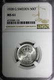 SWEDEN Gustaf V Silver 1928 G 50 Ore NGC MS61 KM# 788 (155)