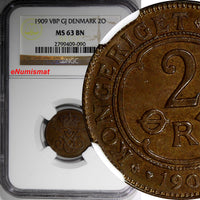 Denmark Frederik VIII Bronze 1909 2 Ore NGC MS63 BN KEY DATE KM# 805 (090)