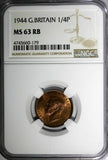 Great Britain George VI Bronze 1944 Farthing NGC MS63 RB RED TONING KM# 843