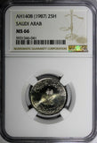 Saudi Arabia UNITED KINGDOMS AH1408(1987) 25 Halala NGC MS66 TOP GRADED KM63 (1)