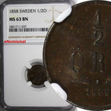 SWEDEN Oscar I Bronze 1858 1/2 Ore NGC MS63 BN BROWN KM# 686 (037)