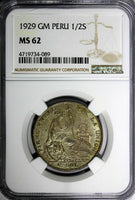PERU Silver 1929 LIMA GM 1/2 Sol NGC MS62 30mm NICE TONING KM# 216