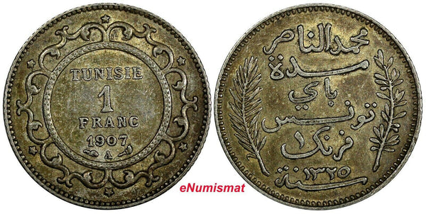 Tunisia Muhammad V Silver AH1325 (1907) A 1 Franc XF SCARCE DATE KM# 238 (990)