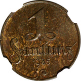 Latvia Bronze 1935 1 Santims NGC MS63 BN Struck at Switzerland.Last Date KM1(3)