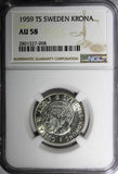 Sweden Gustaf VI Silver 1959 TS Krona NGC AU58  KEY DATE SCARCE KM# 826 (098)