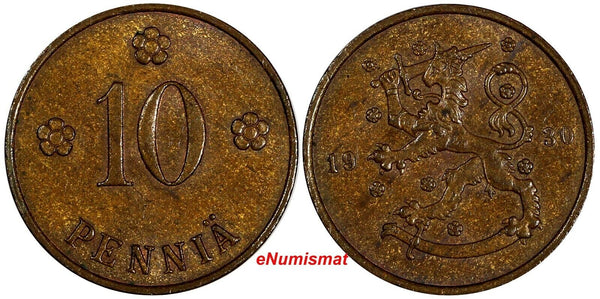 Finland Copper 1930 10 Penniä  aUNC Condition KM# 24 (17 472)