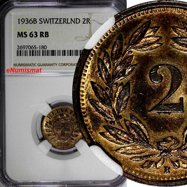 SWITZERLAND Bronze 1936 B 2 Rappen NGC MS63 RB RED Mintage-500,000 KM# 4.2a (80)