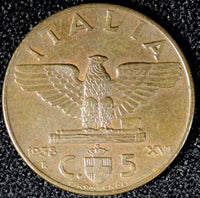 ITALY Vittorio Emanuele III  Bronze 1938 XVI R  5 Centesimi UNC KM# 73 (23 861)