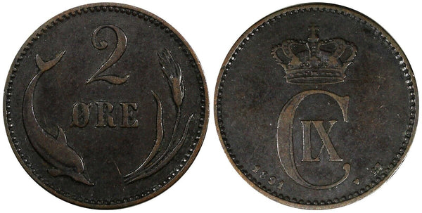 Denmark Christian IX Bronze 1891 CS 2 Øre 21mm KM# 793.1 (20 568)