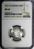 SWEDEN Gustaf V Silver 1927 W 50 Ore NGC MS63 SCARCE KM# 788