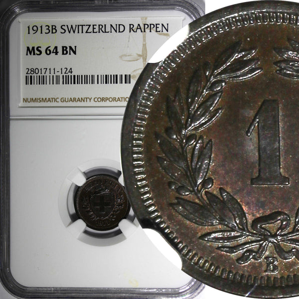 Switzerland Bronze 1913 B 1 Rappen NGC MS64 BN  HELVETIA KM# 3.2 (124)